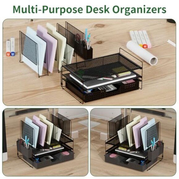 Metal Desk Organizer with Drawer, Pen Holder, Vertical File Rack - Picture 7 of 8